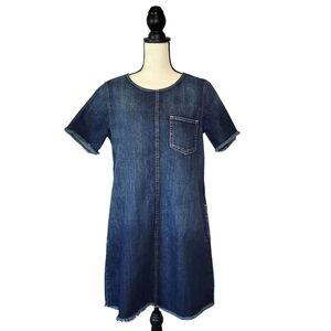 Current/Elliott Frayed Edge Shift Denim dark wash short sleeve mini dress sz M